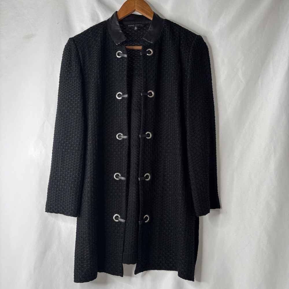 Ming Wang S Textured Black Long Open Cardigan Jacket Faux Leather Trim
